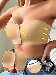 Women's Strapless Bra Front Closure Wavy Trim Bandeau Underwear Wireless Comfortable Brassiere Seamless Tube Top Wedding Intimates Backless Smooth Construction Solid Color Wire-Free Removable Padding Comfort Design With Anti-Rolling Silicone Grip For Secure