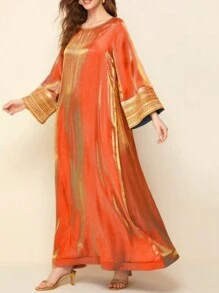 Women's Round Neck Long Sleeve Printed Simple Casual Long Dress, Modest Kaftan