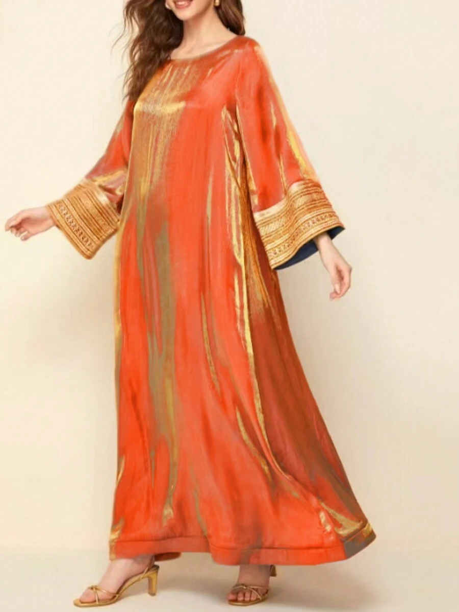Women's Round Neck Long Sleeve Printed Simple Casual Long Dress, Modest Kaftan