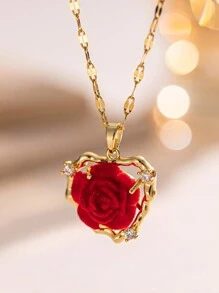 1 chiếc vòng cổ trái tim hoa hồng vàng bằng thép không gỉ, thiết kế sáng tạo, thời trang giản dị thanh lịch, thích hợp cho hàng ngày, tiệc tùng, ngày lễ tình nhân, giáng sinh, quà tặng (Bao bì túi OPP) - Vàng - Xem 1