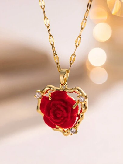 1pc Stainless Steel Gold Rose Heart Necklace, Creative Design, Fashionable Casual Elegant, Suitable For Daily, Party, Valentine's Day, Christmas, Gift (OPP Bag Packaging)