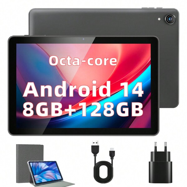 Rebecco Tablette 10" Android 14, Octa Core 1280 x 800 IPS HD, 8 Go de RAM + 128 Go de ROM (extension à 1 To), processeur Unisoc A523, WiFi 5G/2,4 G, appareil photo 5 MP + 8 MP