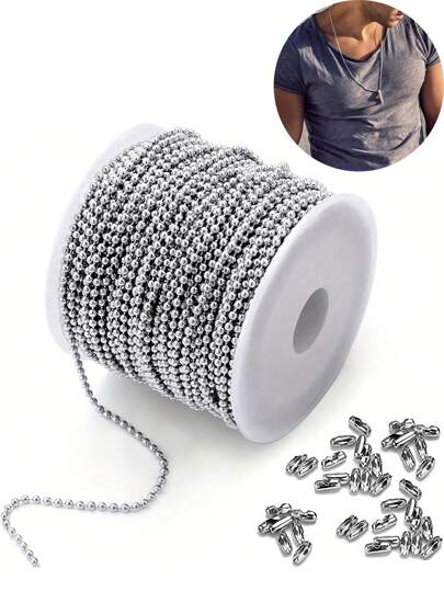16.4ft Roll Stainless Steel Bead Chain With 3.2ft/Bag, Lobster Clasp Connector, Suitable For Necklaces, Bracelets, Anklets, DIY Tag Chains, Ceiling Fan Pull Chains, Unisex Jewelry Making Supplies