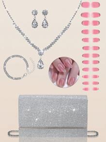 Bolso de embrague de fiesta cuadrado elegante y lujoso para mujer, bolso de fiesta de lujo y de moda con cadena de metal, kit de 24 uñas postizas elegantes y de unicolor extraíbles con brillantes, pendientes con pedrería, collar colgante y pulsera, adecuado para mujeres y niñas para banquetes, bailes, fiestas y bodas.