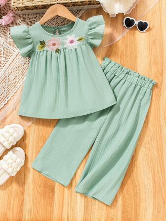 Young Girl Floral Embroidery Top With Ruffle Sleeves & High Waist Wide Leg Pants Set, Fresh Green Color, Suitable For Spring/Summer Daily Wear And Outings, Comfortable For 4-7 Years Old