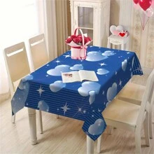 1 块情人节桌布，爱与星星印花蓝色条纹桌布，矩形涤纶桌布，可机洗，耐用，易于护理，房间装饰，餐桌装饰，情人节装饰，情人节礼物