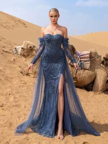Faeriesty Luxury Off Shoulder Mesh Overlay Split Mermaid Hem Beaded Formal Dresses & Evening Gowns Party Wedding Elegant - Dusty Blue - View 5