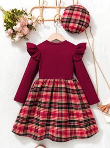 年轻女孩格子连衣裙搭配贝雷帽，这款复古格子连衣裙搭配贝雷帽具有英伦风情，适合秋冬季节 - 紅色 - 查看 2