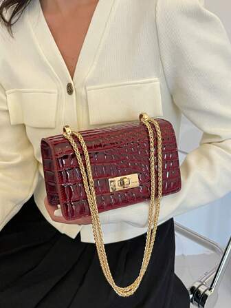 Women's Burgundy Faux Leather Crocodile Embossed Mini Chain Shoulder Bag, Fashionable Burgundy Bag , Red Bag