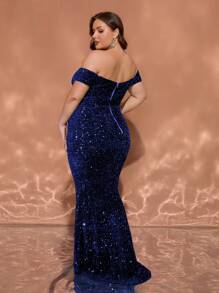 Vestido de noche azul largo con escote en V y hombros descubiertos, con detalles brillantes, para ocasiones especiales, vestido de fiesta, vestido de invitada de boda, vestido formal de talla grande - Azul - Ver 6