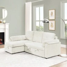 Corduroy Tufted Upholstered Sleeper Sectional Sofa L-Shaped Modular Convertible Sofa With Storage Chaise Pull Out Sleep Couch Bed And Reclining Backrest Perfect For Living Space Beige