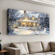 Decoración de arte de pared de lienzo navideño, impresión de pintura de escena de bosque nevado de invierno para decoración de habitación, póster de muñeco de nieve navideño para el hogar, casa campestre navideña