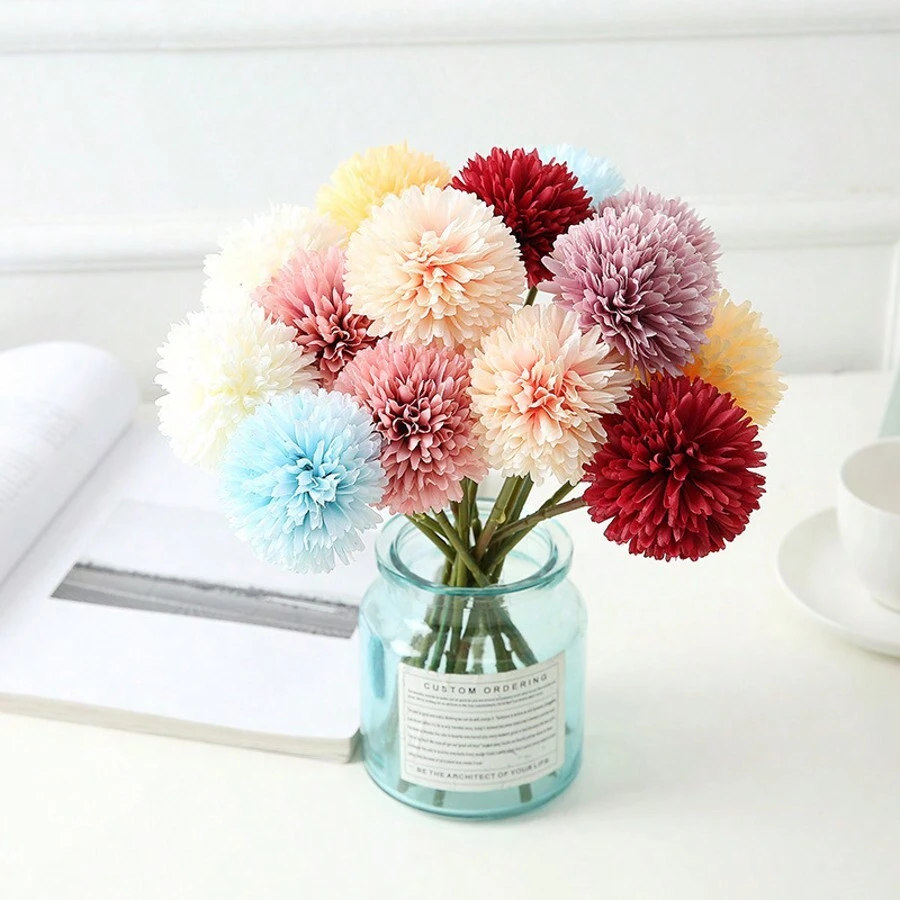 5/1pc Kunstmatige Bal, Chrysant, Geborduurde Bal, Bruiloftsdecoratie, Vaas voor Thuis, Decoratie, Eetkamer, Woonkamer, Slaapkamer, Bloemstuk op het Nachtkastje, Bruid Houdt Bloem, Pols Bloem, Borst Bloem Materiaal,