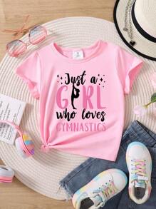 Young Girl Slogan & Gymnastics Dancing Girl Graphic Print Short Sleeve T-Shirt