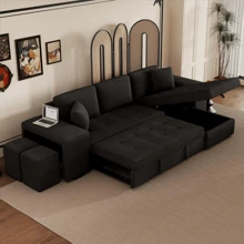 104.5" Modern L-Shape 3 Seat Reversible Sectional Couch Pull Out Sleeper Sofa With Storage Chaise And 2 Stools For Living Room Furniture Set Charcoal Grey