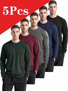 5 Pieces/Set Men's Spring And Autumn Fitness Quick Drying Breathable Long Sleeved Round Neck Sports T-Shirt Gym Boyfriend Style Men's Basic T-Shirt