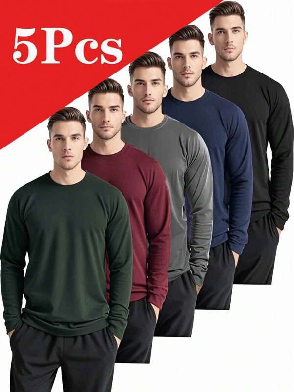 5 Pieces/Set Men's Spring And Autumn Fitness Quick Drying Breathable Long Sleeved Round Neck Sports T-Shirt Gym Boyfriend Style Men's Basic T-Shirt