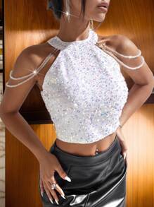 Sequin Halter Backless Crop Top, Fashionable Sexy Sleeveless Party Blouse - White - View 5