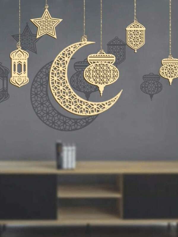 6 pezzi di decorazioni appese in legno - decorazioni per la casa eleganti a forma di luna, stelle e lanterne, adatte per le celebrazioni del Ramadan