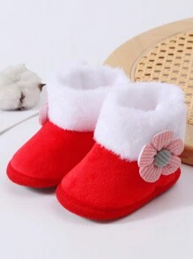 1 Pair Of Infant Shoes, Warm And Thick Boots In Autumn And Winter, Cute Cartoon Flower Design, Suitable For Indoor Slip-Resistant Learning To Walk, Soft Flat Shoes For Infants. - Red - View 1