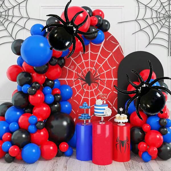 112pcs Black Spider Theme Balloon Garland Arch Set, Including Black Spider Foil Balloons And Black, Red, Blue Latex Balloons, Perfect For Birthday Party Decorations, Decorative Backgrounds, Cartoon Superhero Theme Party Supplies