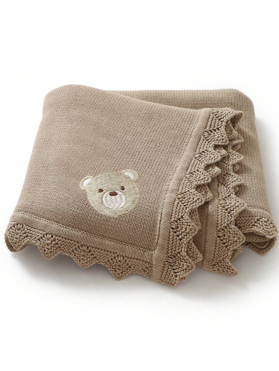 1pc Baby Knitted Blanket, Cute Bear Embroidered Romantic Wave Edge Soft Simple Infant Stroller Quilt, All Season Suitable - Brown - View 1