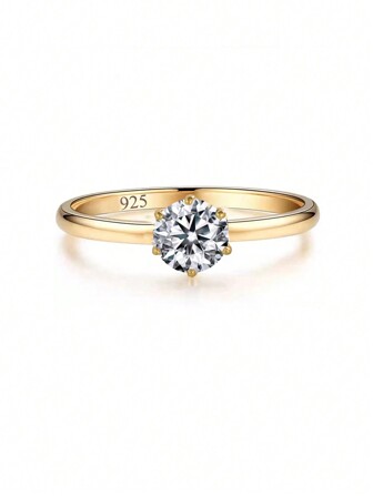 1pc 925 Sterling Silver 1ct Round Cut Cubic Zirconia Champagne Gold Plated Wedding Band Promise Ring For Women, Perfect Gift For Engagement Or Daily Wear