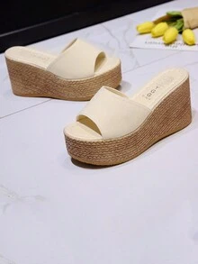 Summer Women Slope Heel Drag Muffin Comfortable Light High Heel Drag One Word Cold Drag 9CM - Beige - View 4