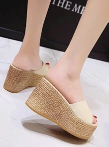 Summer Women Slope Heel Drag Muffin Comfortable Light High Heel Drag One Word Cold Drag 9CM - Beige - View 2