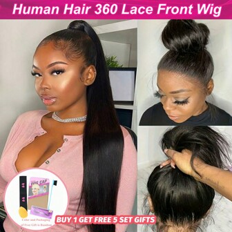 360 Lace Front Wigs Human Hair Straight Brazilian Virgin Pre Plucked With Baby Hair 180% Density Glueless Wigs For Woman Natural Color Can Make Ponytail And Bun