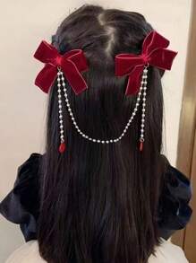 1pc Kids Burgundy Velvet Bow Hair Clip With Pearl Chain, Girls' Holiday And Festive Hair Accessory For New Year, Christmas