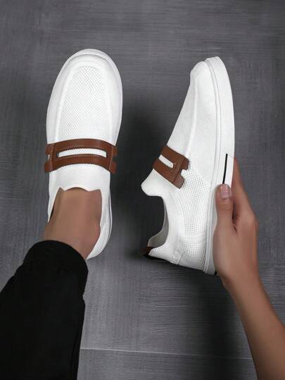 2024 New Men's Skateboard Shoes, Breathable Large Mesh Casual Solid Color Lightweight Soft Bottom Loafers, Slip-On Style
