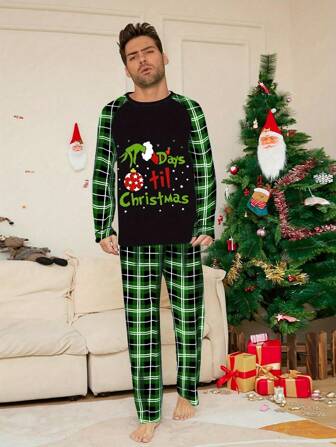 Men's New Autumn/Winter Long Sleeve Green Christmas Letter Digital Print Pajama Set