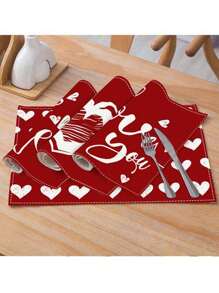 4 peças/conjunto de jogos americanos românticos para o Dia dos Namorados, jogos americanos de linho em forma de coração, bases para copos com letras impressas em cores sólidas, decoração de mesa para festa de fim de ano, resistente ao calor e lavável à máquina, adequado para aniversário de casamento e jantar