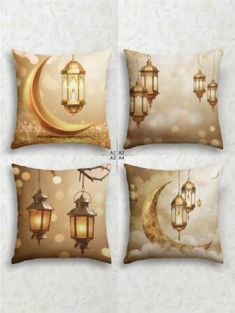 1pc And 4pcs Ramadan Holiday Pattern Cushion Cover, Multi-Size, Eid Mubarak Decoration, Retro Ramadan Hanging Lamp, Crescent Moon Pattern, Comfortable Linen Texture, Holiday Bestseller, Home Decorative Throw Pillow Cover For Sofa, Living Room, Bedroom, No Pillow Insert