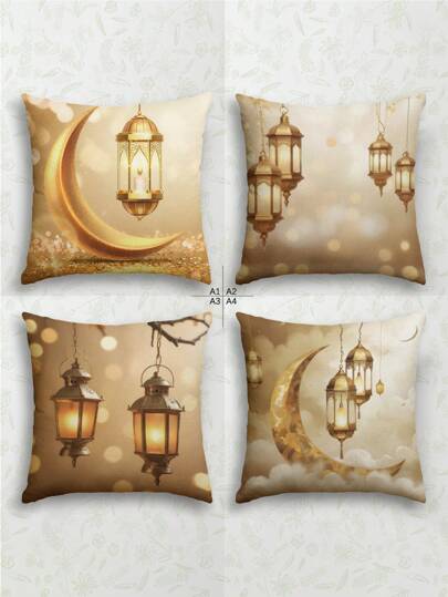 1pc And 4pcs Ramadan Holiday Pattern Cushion Cover, Multi-Size, Eid Mubarak Decoration, Retro Ramadan Hanging Lamp, Crescent Moon Pattern, Comfortable Linen Texture, Holiday Bestseller, Home Decorative Throw Pillow Cover For Sofa, Living Room, Bedroom, No Pillow Insert
