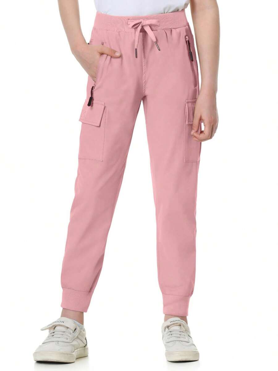 EXARUS Girls Cargo Pants Joggers Slim Fit With Zip Pockets Kids Quick Dry Lightweight Drawstring High Waisted 8-14Y - 髒粉 - 查看 1