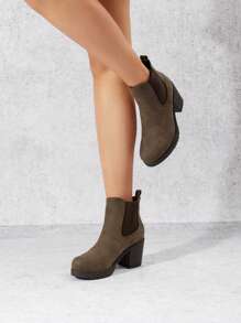 Botines de tacón alto y grueso tipo Chelsea para mujer, con elástico, para otoño