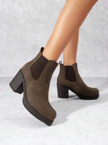 Botines de tacón alto y grueso tipo Chelsea para mujer, con elástico, para otoño