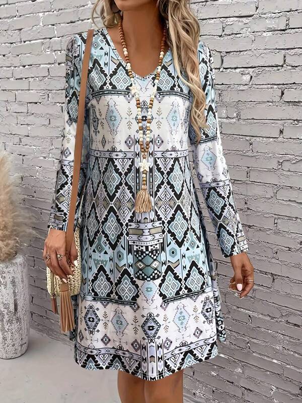New Arrival All-Over Print Long Sleeve Dress For Women, Women's Custom V-Neck Long Sleeve Dress - Casual Summer Day Dress, Flowy Vacation Outfit, Loose Fit Spring/Summer Dress For Daily Wear