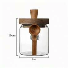Jarra de 1/3 de vidrio con tapa de madera y cuchara, frasco sellado de almacenamiento de cocina para especias, café, dulces, vidrio grueso, reutilizable, solo se puede lavar a mano, diferencias de color normales en la tapa de madera de acacia, nudos y pequeños agujeros en la madera son normales, de vuelta a la escuela