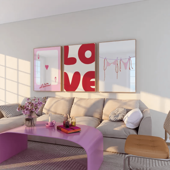 3 套手绘粉色情人节爱情、幸运女孩卡片、海岸比基尼艺术帆布海报印刷品、时尚学院风墙壁艺术画，非常适合俏皮房间、少女宿舍、大学宿舍、学院风公寓、家居、客厅或卧室墙壁装饰，无框架