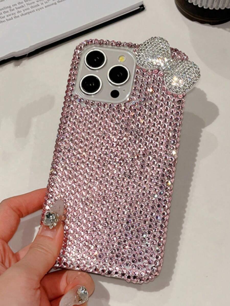 1 件奢华闪亮钻石蝴蝶结手机壳适用于 iPhone 16 15 14 13 12 11 Pro Max Plus 镜头保护软后盖 - 粉蝴蝶結 - 查看 1
