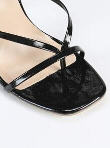 女士时尚高跟凉鞋，金属PU皮革平底凉鞋，露趾凉鞋，黑色漆皮高跟凉鞋，细跟凉鞋，户外及日常凉鞋，女士黑色凉鞋，细高跟鞋 - 黑色 - 查看 9