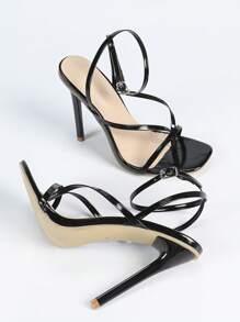 女士时尚高跟凉鞋，金属PU皮革平底凉鞋，露趾凉鞋，黑色漆皮高跟凉鞋，细跟凉鞋，户外及日常凉鞋，女士黑色凉鞋，细高跟鞋 - 黑色 - 查看 7