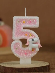 1 pieza Vela de unicornio rosa brillante con número numérico creativo [0-9] para tarta de cumpleaños, decoración de fiesta