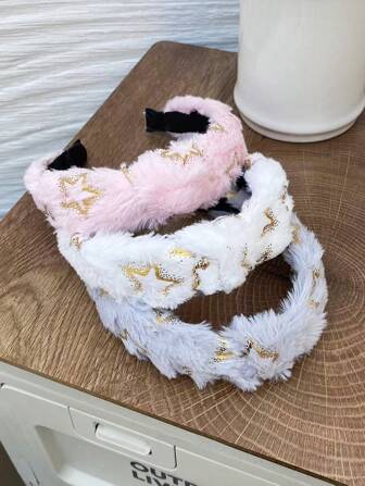 3 件套女士毛绒星星印花头带发饰，适合日常秋冬装发箍