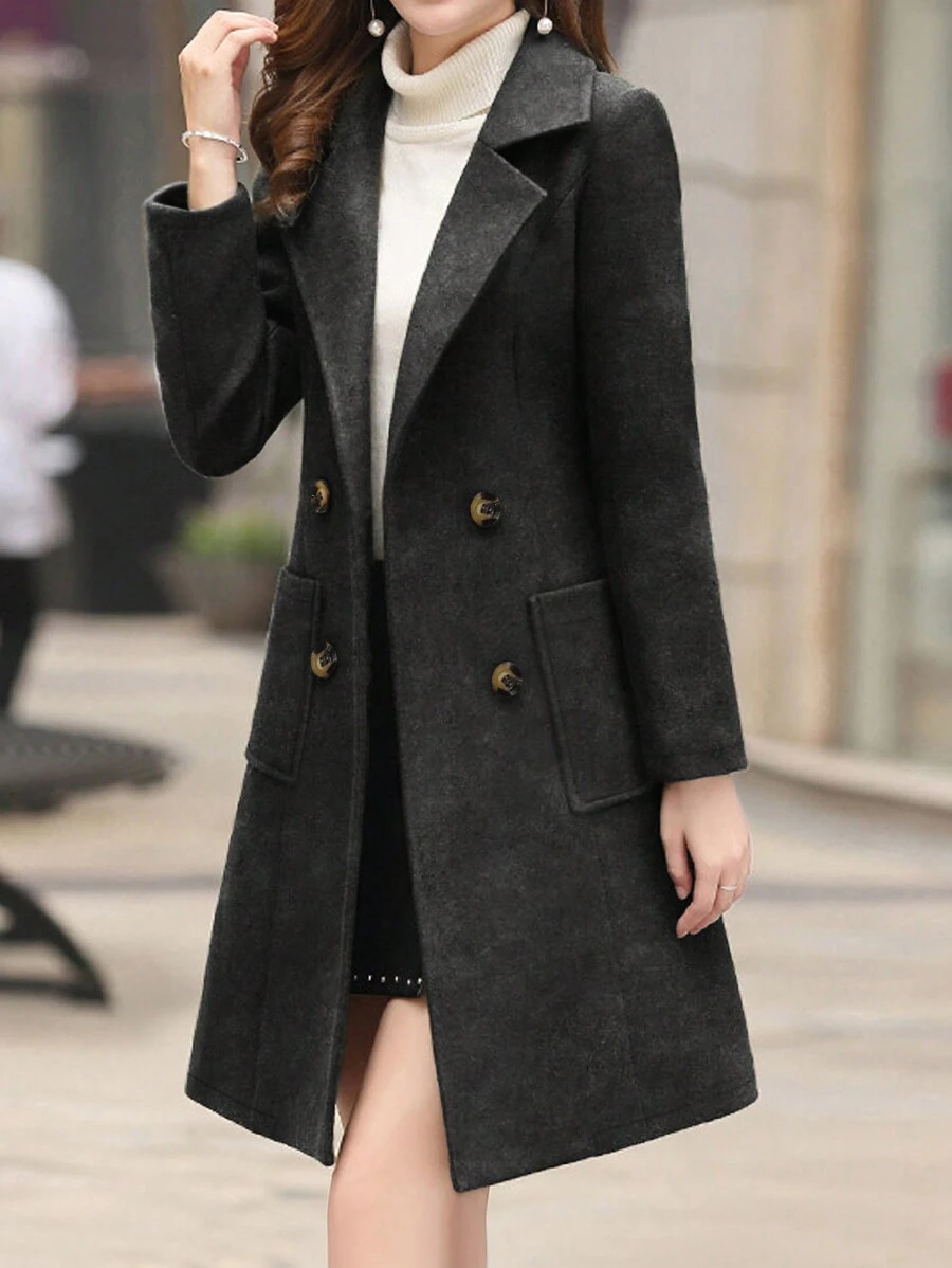 Women's Turndown Collar Fitted Long Overcoat - Dark Grey - View 1