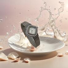 1pc Women's Gold Rhombus Rhinestone Stainless Steel Mesh Band Quartz Watch, 3ATM Water Resistant, Suitable For Daily Wear, Christmas Party, Gift