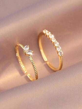 1 件/2 件，铜镀金，爱情情侣金戒指，心连心戒指，女士戒指，女士礼物，情人节求婚/婚礼珠宝礼物，适合宴会、约会、舞会、派对、日常生活佩戴，可调节开口